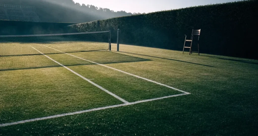 Ein Tennisplatz aus Rasen im ersten Morgenlicht mit frisch gezogenen Linien, einem Netz und einem leeren Schiedsrichterstuhl, dahinter hohe Hecken.