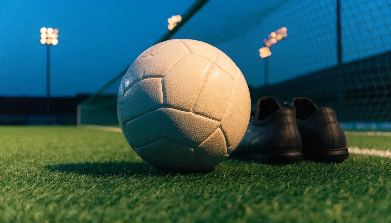 Ein Fussball und ein Paar Stollenschuhe stehen am Rand eines Kunstrasenplatzes, Flutlichtmasten ragen in den Abendhimmel.