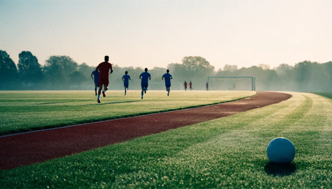 Eine rote Laufbahn umringt ein Fussballfeld beim Sonnenaufgang, auf dem Rasen liegt Tau.