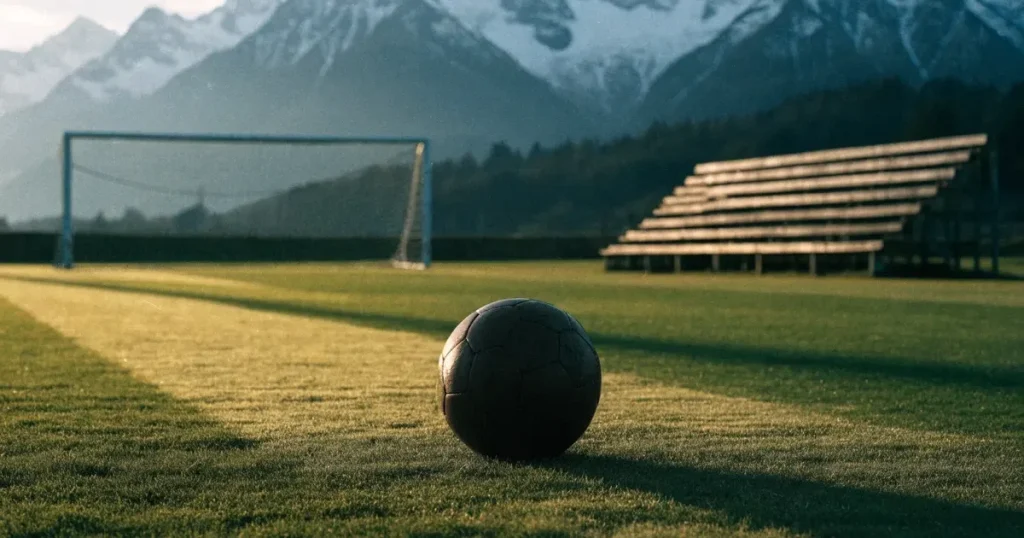 Ein Fussball liegt am frühen Morgen auf dem Rasen eines leeren Fussballfeldes, dahinter eine kleine Tribüne und schneebedeckte Berge.