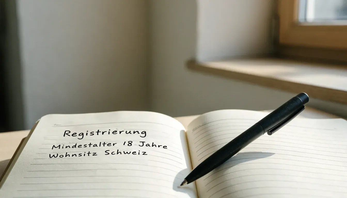 Ein aufgeschlagenes Notizbuch mit handschriftlichen Notizen und ein Kugelschreiber liegen auf einem Holztisch neben einem Fenster mit Tageslicht.