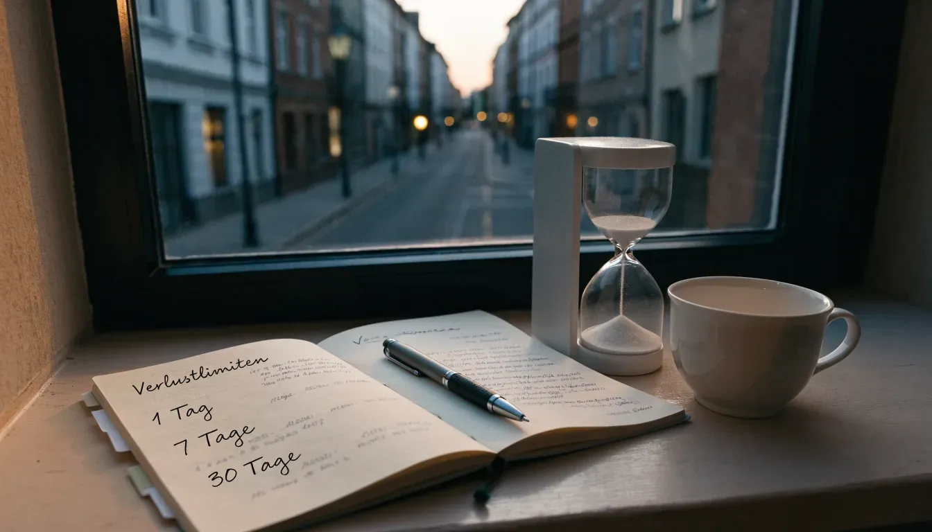 Eine Sanduhr steht auf einem Fensterbrett neben einer Tasse Tee, draussen dämmert es über einer ruhigen Strasse.