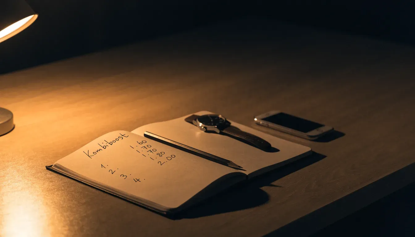 Eine Armbanduhr und ein gespitzter Bleistift liegen auf einem hellen Holztisch im Licht einer Schreibtischlampe.