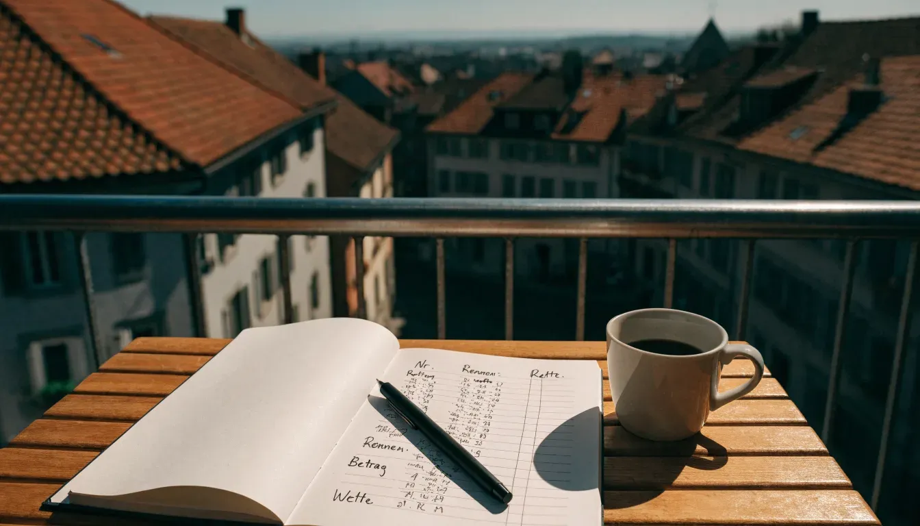 Eine Kaffeetasse und ein aufgeklappter leerer Notizblock stehen auf einem Balkontisch mit Blick über Hausdächer.