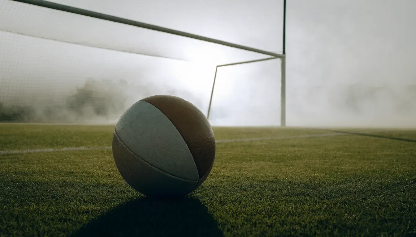 Ein Torpfosten mit Netz steht im Gegenlicht auf einem leeren Fussballplatz, über dem Rasen liegt Nebel.