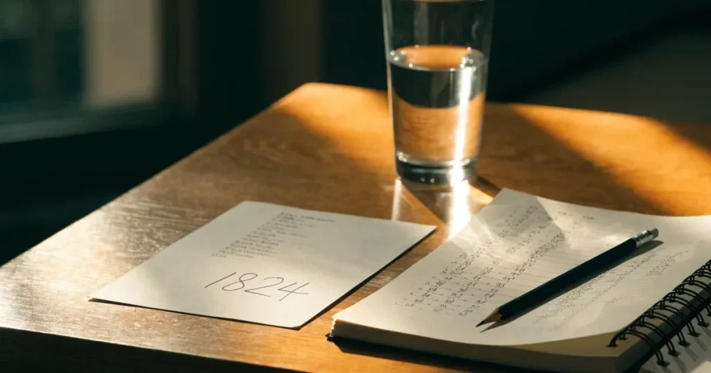 Ein Taschenrechner und ein Bleistift liegen auf einem Holztisch, daneben steht ein halb gefülltes Glas Wasser.