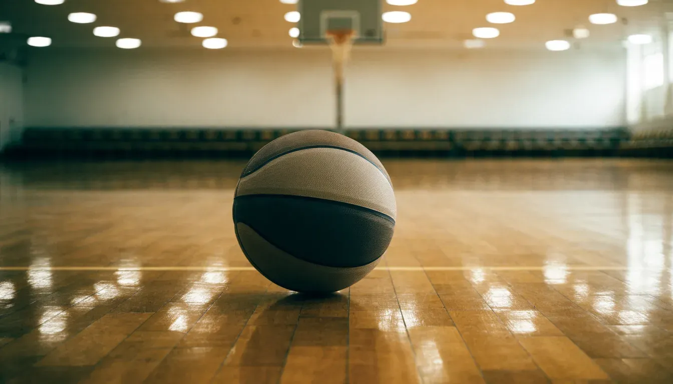 Ein Basketball liegt auf dem Parkett einer leeren Sporthalle im Licht der Deckenlampen.