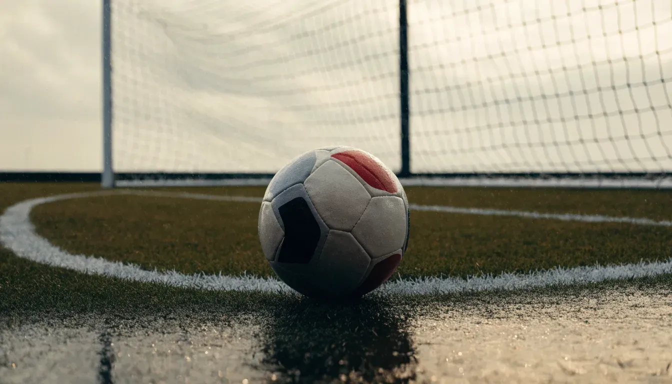 Ein einzelner Fussball liegt auf dem Elfmeterpunkt eines leeren Strafraums, der Rasen glänzt nass.