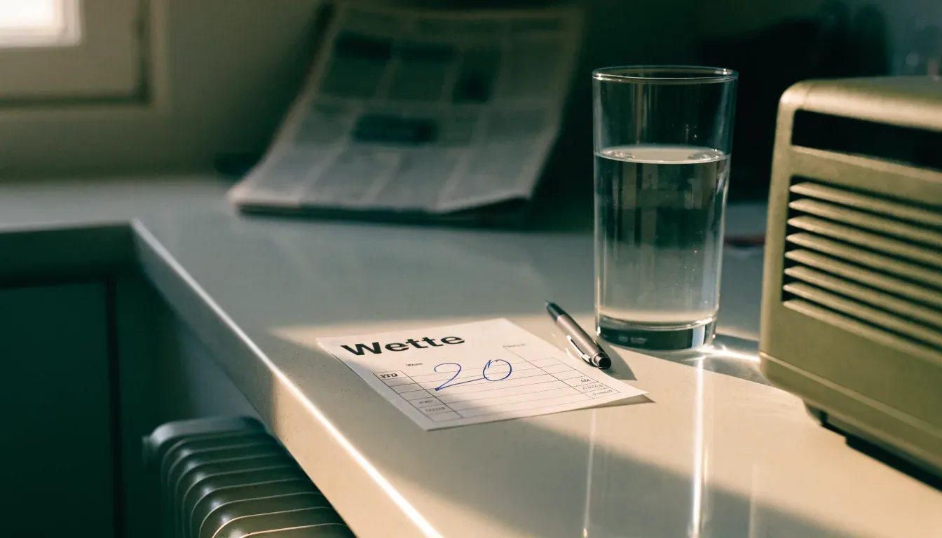 Ein altes Radio steht auf einer Küchenablage neben einem Glas Wasser, Morgenlicht fällt durchs Fenster.
