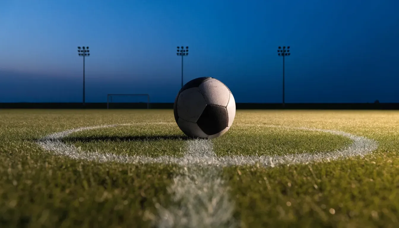 Ein Fussball liegt auf dem Mittelpunkt eines leeren Rasenplatzes, im Hintergrund ragen Flutlichtmasten in die Abenddämmerung