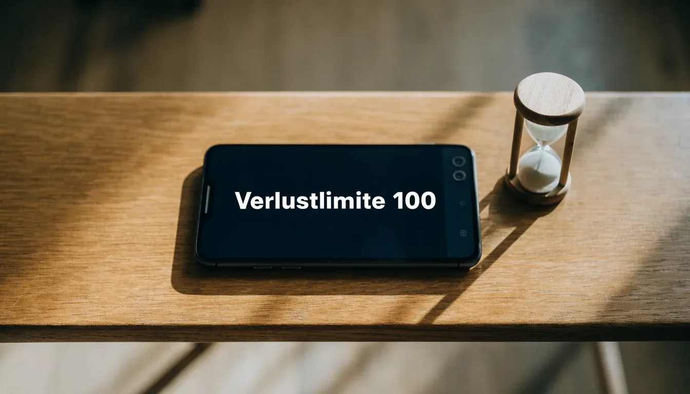 Eine Sanduhr steht neben einem Smartphone mit dunklem Display auf einem Holztisch, ruhiges Tageslicht fällt von der Seite ein