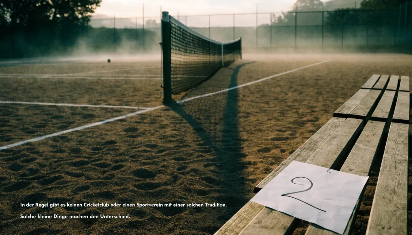 Ein Tennisplatz mit Sandbelag in der Morgendämmerung, Netz und Linien liegen im ersten Licht, Nebel hängt über dem Boden