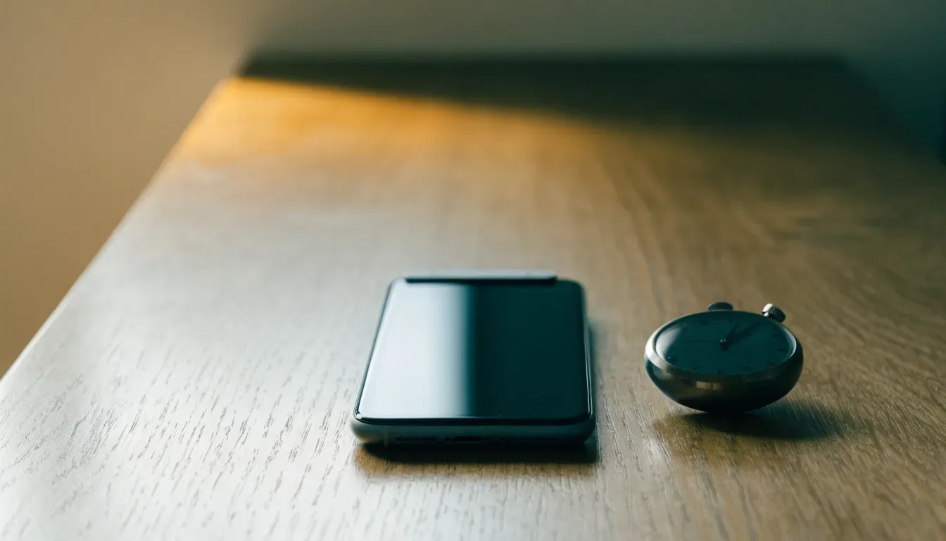 Eine Stoppuhr und ein Smartphone mit dunklem Display liegen nebeneinander auf einem Holztisch, weiches Fensterlicht
