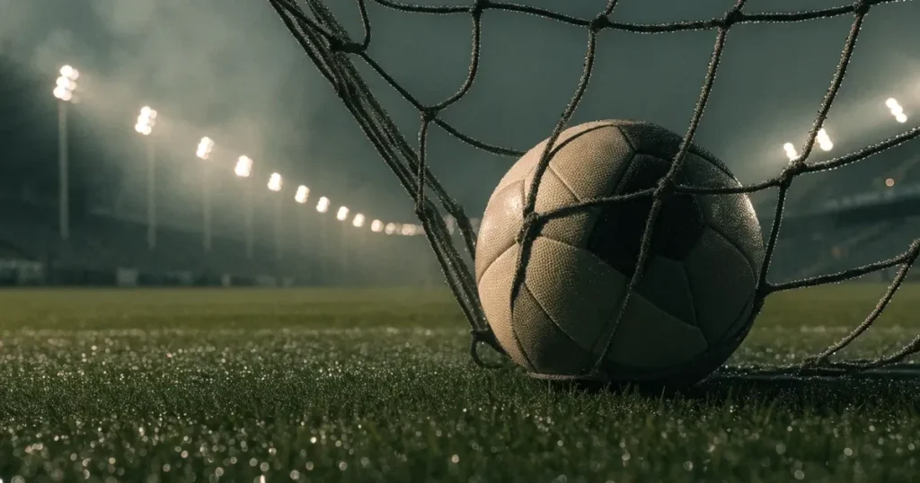 Ein Fussball liegt im Netz eines Tores, Flutlicht und kalte Abendluft liegen über dem leeren Platz