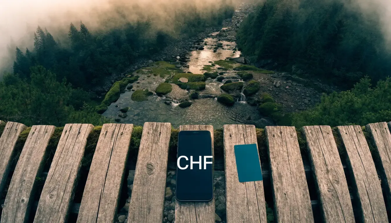 Eine alte Holzbrücke über einen Gebirgsbach, Moos auf den Steinen, Nebelschwaden hängen im Tal
