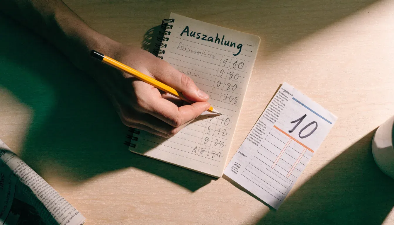 Ein Taschenrechner und ein Bleistift liegen auf einem leeren Blatt Papier, schräges Licht einer Schreibtischlampe