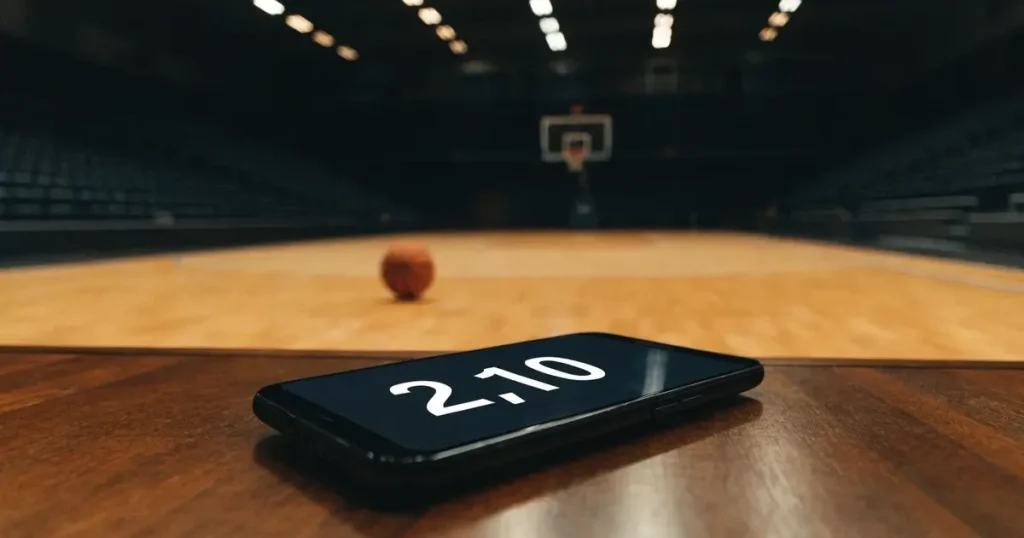 Ein Basketballkorb in einer leeren Halle, der Parkettboden glänzt im Licht der Deckenlampen