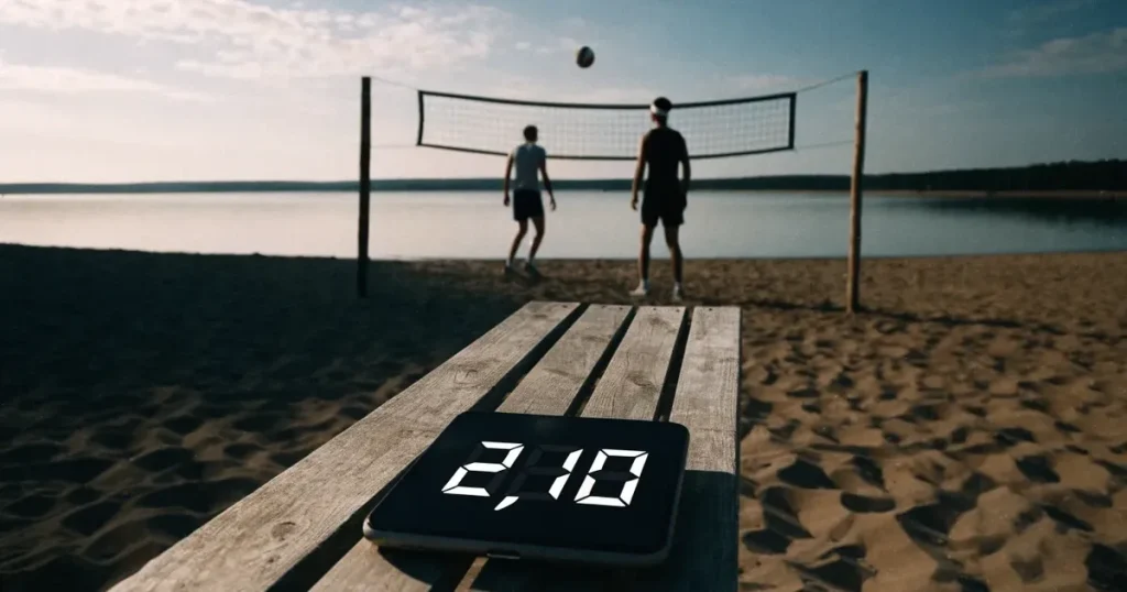 Ein Volleyballnetz am Sandstrand eines Sees, späte Nachmittagssonne, das Wasser liegt glatt im Hintergrund