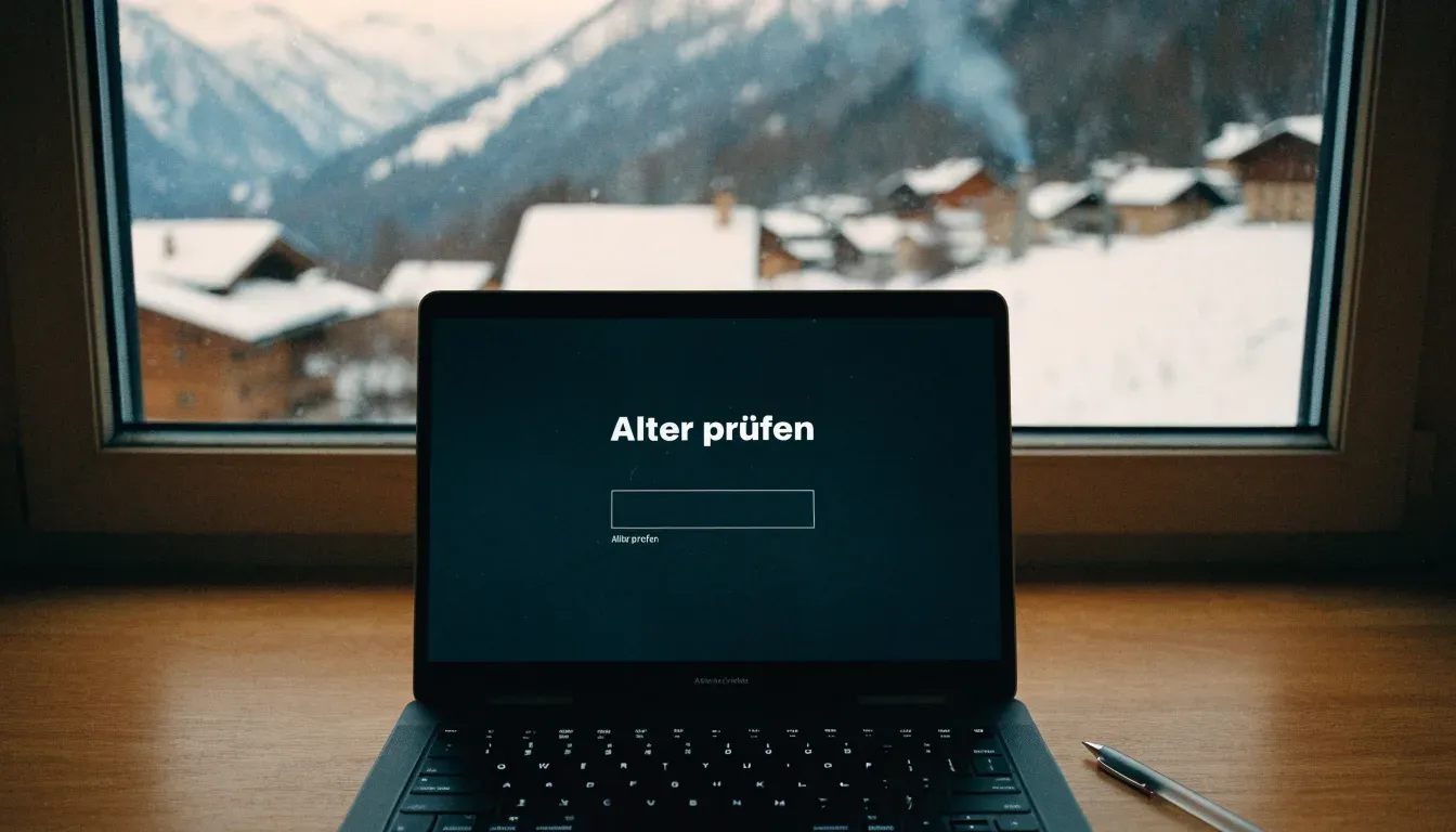 Ein Bergdorf mit Holzhäusern im Schnee, Rauch steigt aus einem Kamin, später Nachmittag mit tiefem Licht
