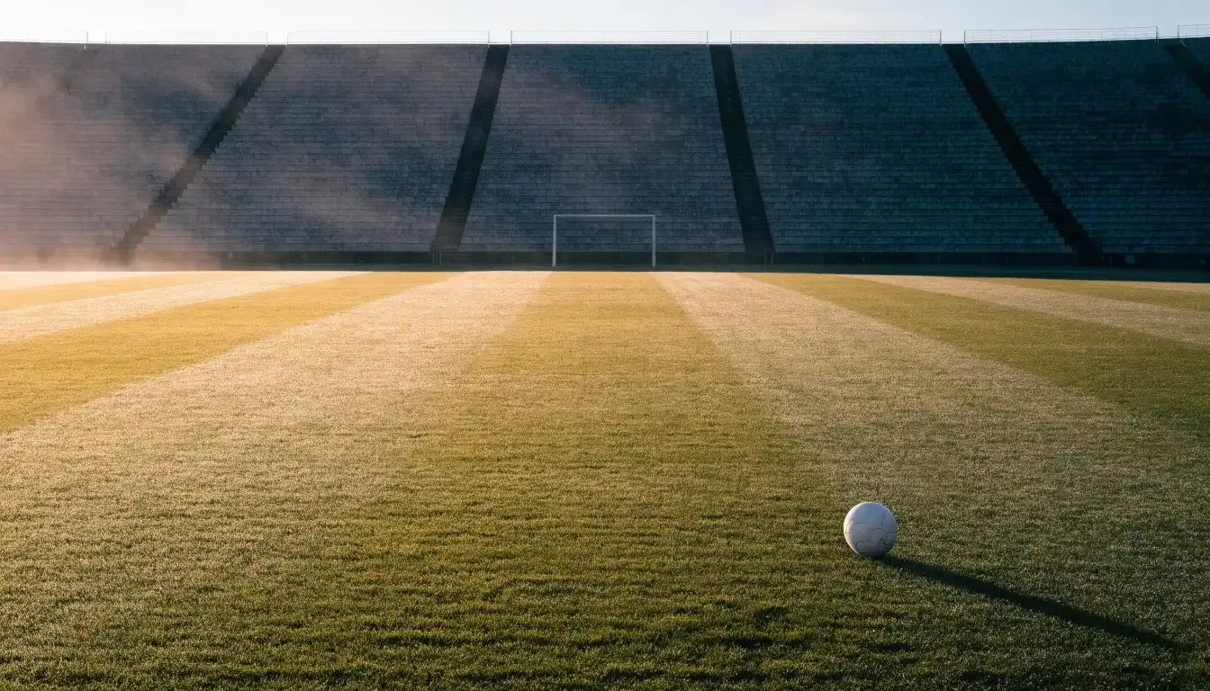 Eine leere Stadiontribüne bei Sonnenaufgang aus der Ferne, lange Schatten fallen über die Sitzreihen