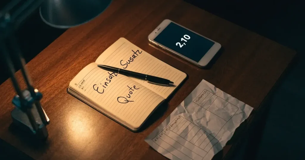 Ein Notizbuch mit handschriftlichen Spalten und ein Kugelschreiber neben einem Taschenrechner, Licht einer Schreibtischlampe