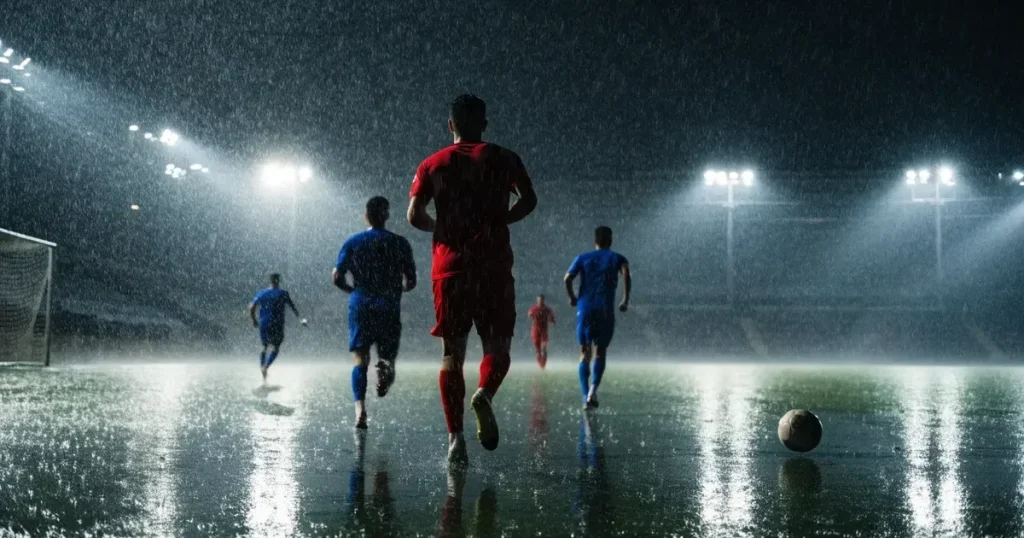 Ein Fussballplatz mit Kunstrasen im Regen, Pfützen spiegeln das Licht der Flutlichtmasten