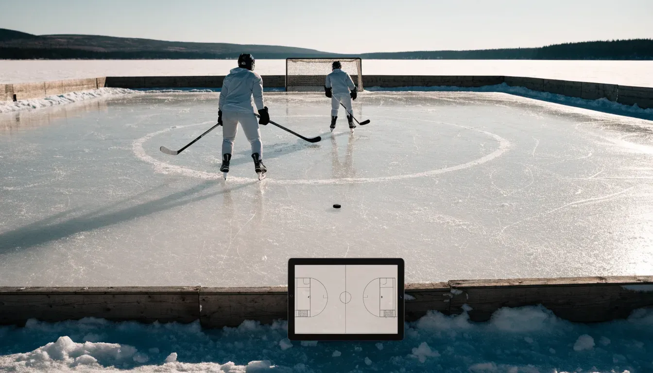 Ein Eishockeyfeld im Freien auf einem zugefrorenen See, Schneewehen an den Banden, klare Winterluft
