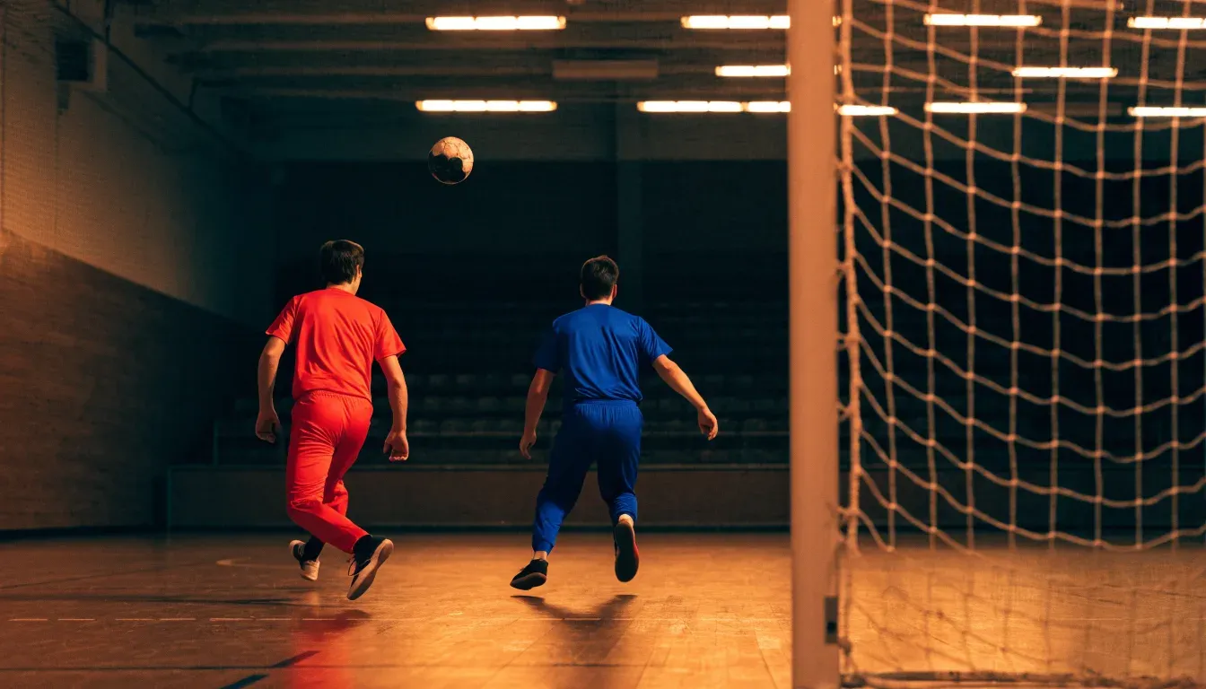 Ein Handball liegt auf dem Hallenboden einer leeren Sporthalle, Streifen von Licht aus den Oberlichtern