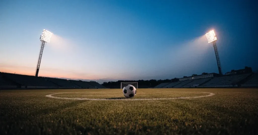 Ein Fussball liegt auf dem Anstosspunkt eines leeren Rasenplatzes in der Abenddämmerung, im Hintergrund leuchten Flutlichtmasten.