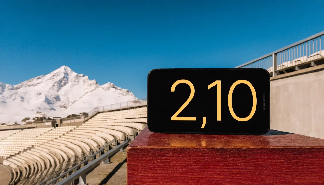 Schneebedeckte Berggipfel erheben sich im klaren Morgenlicht hinter einem leeren Stadion mit hellen Zuschauerrängen.