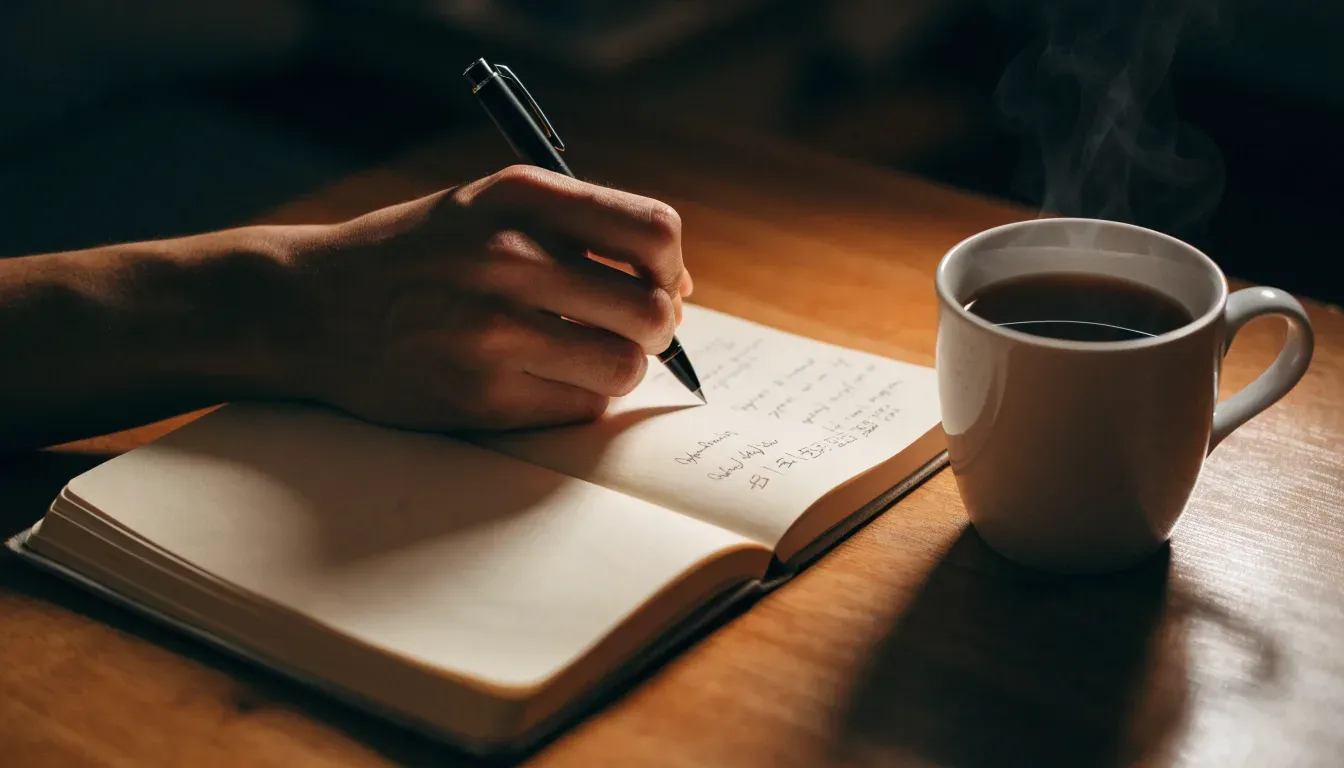 Eine Sanduhr steht neben einem Notizbuch mit handschriftlichen Notizen auf einem Holztisch, daneben dampft eine Tasse Tee.