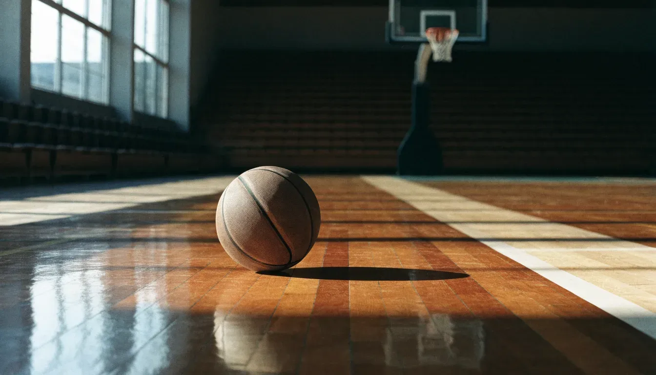 Ein Basketball ruht auf dem polierten Parkett einer leeren Halle, Nachmittagslicht fällt durch hohe Fenster.