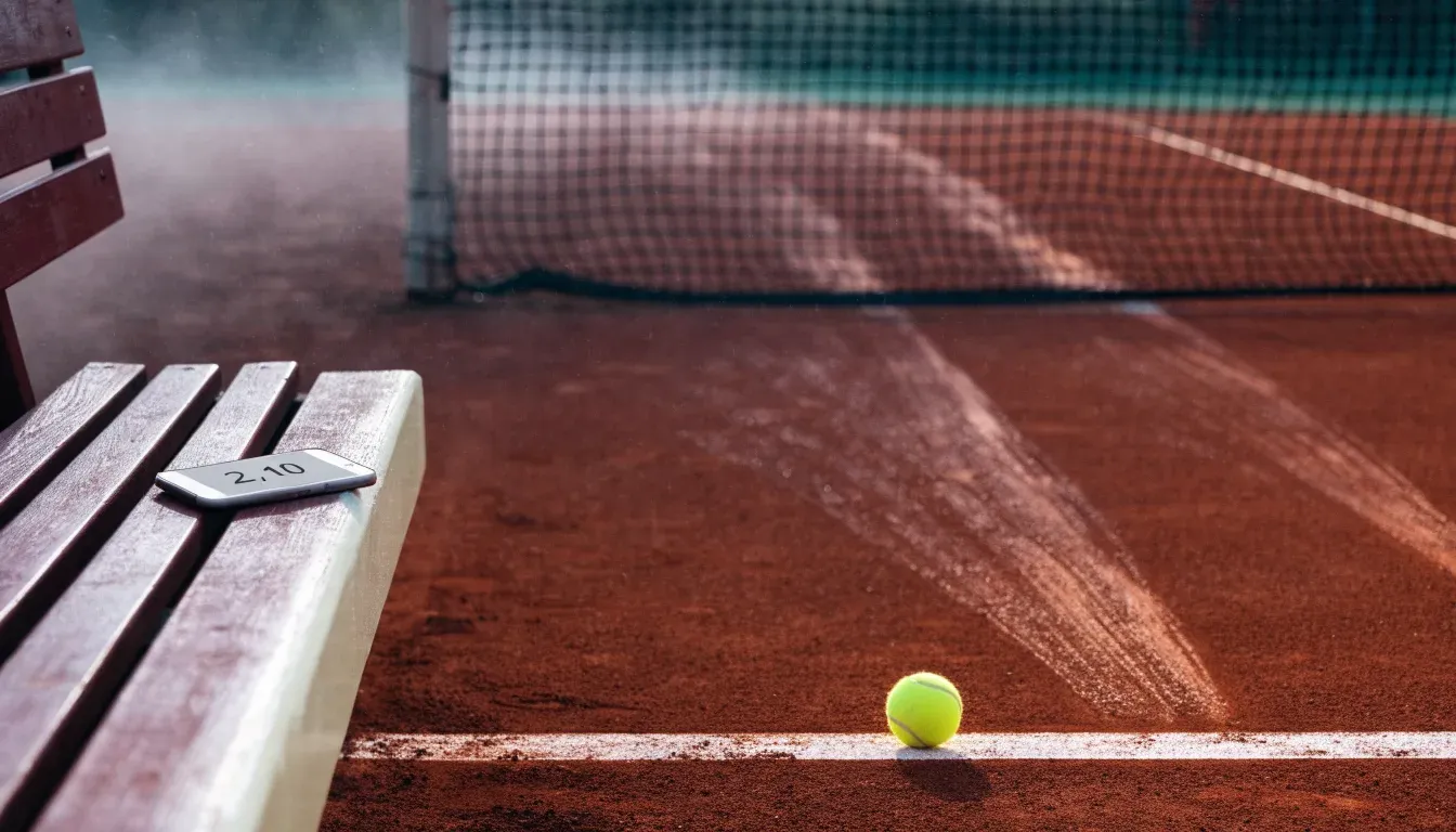 Ein gepflegter Tennisplatz im Morgengrauen, über der Grundlinie hängt leichter Nebel und die Bänke am Rand sind leer.