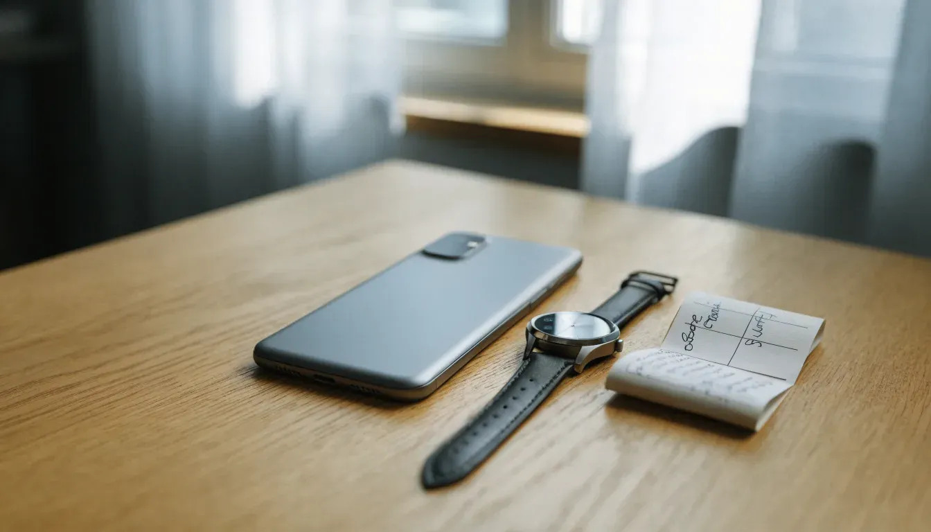 Ein Smartphone liegt mit dem Display nach unten auf einem Tisch neben einer Armbanduhr, im Hintergrund ein unscharfes Fenster.