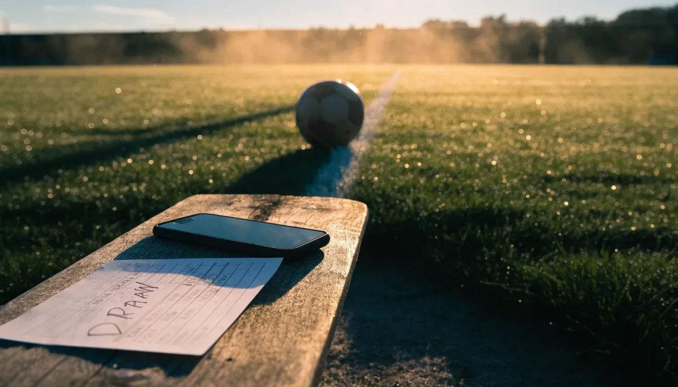 Ein Rasenspielfeld bei Sonnenaufgang, die Mittellinie verläuft quer durchs Bild und Tau glitzert auf dem Gras.