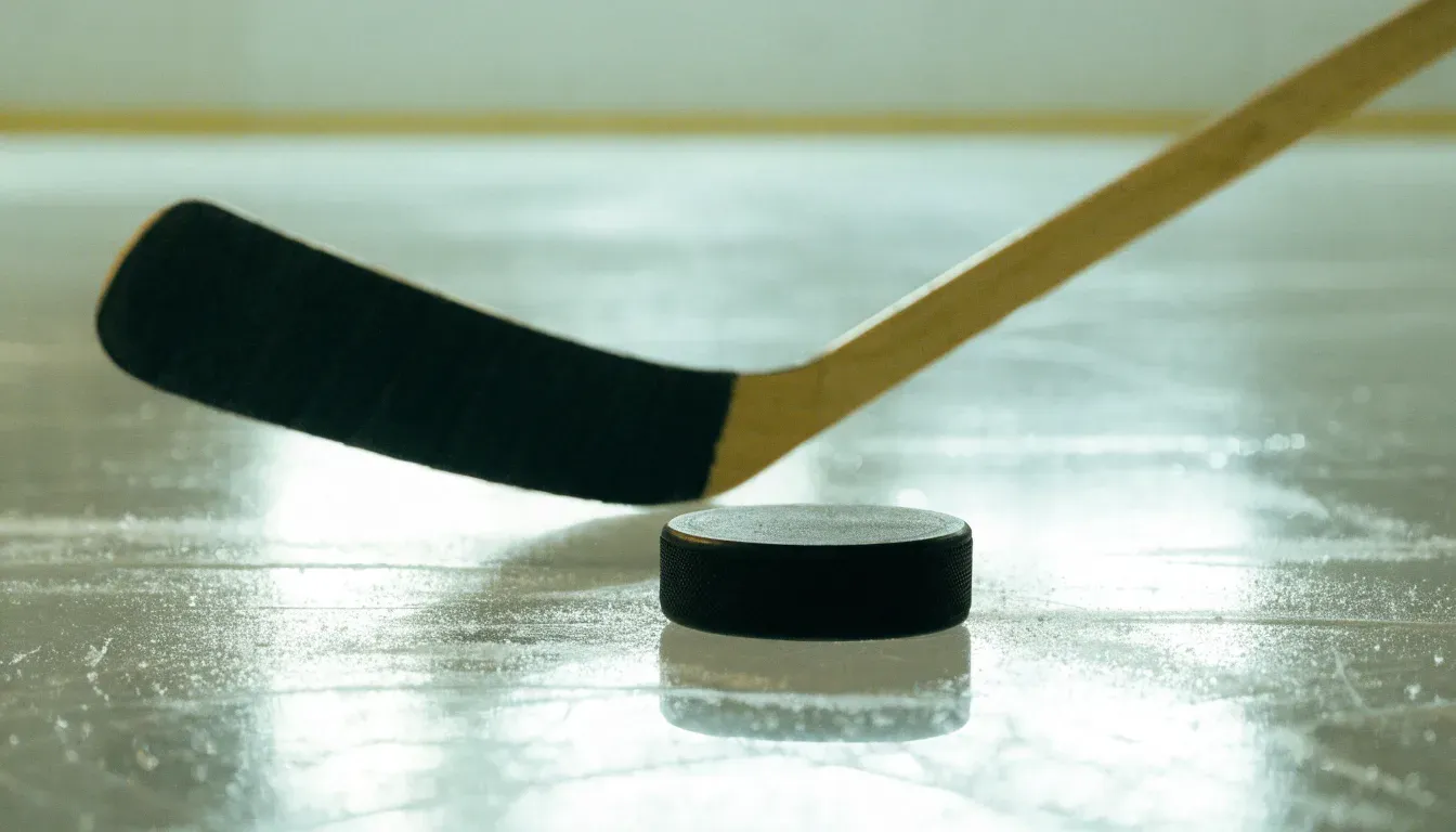 Ein Eishockeypuck und ein Schläger liegen auf einer glänzenden Eisfläche, im Hintergrund verschwimmen leere Banden.