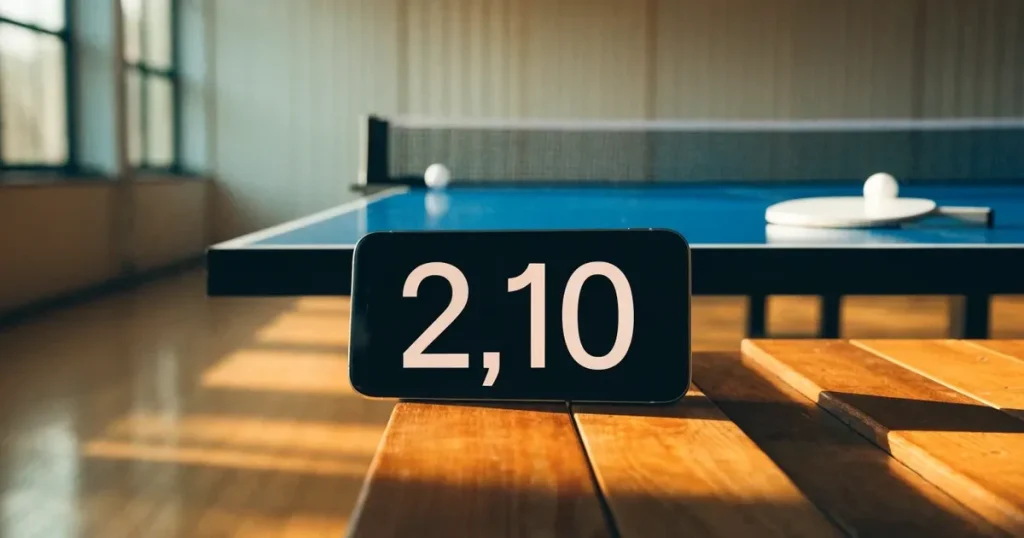 Eine Tischtennisplatte steht in einer leeren Sporthalle, ein einzelner Ball liegt am Netz und Tageslicht fällt von der Seite ein.