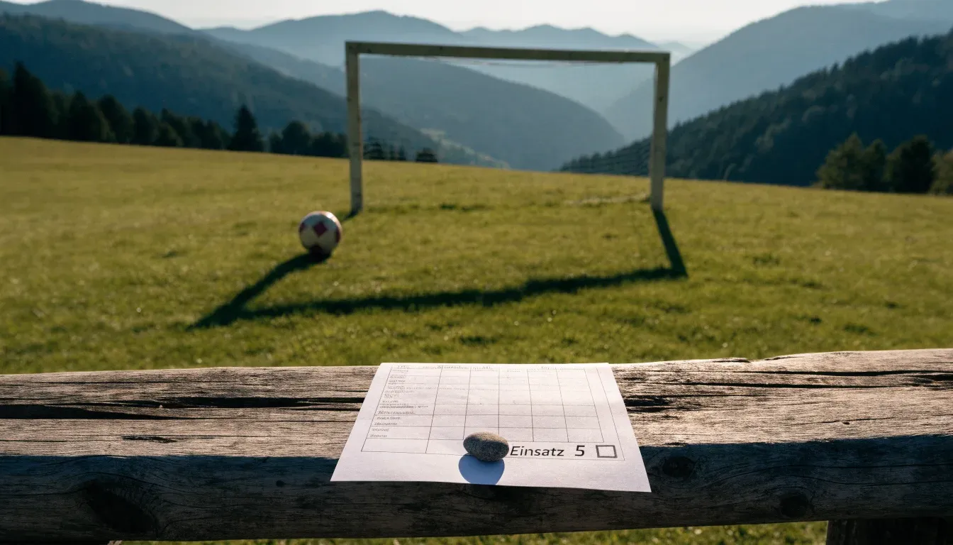 Eine Almwiese mit einem kleinen Holztor für Kinderfussball, dahinter erheben sich bewaldete Hänge im Nachmittagslicht.