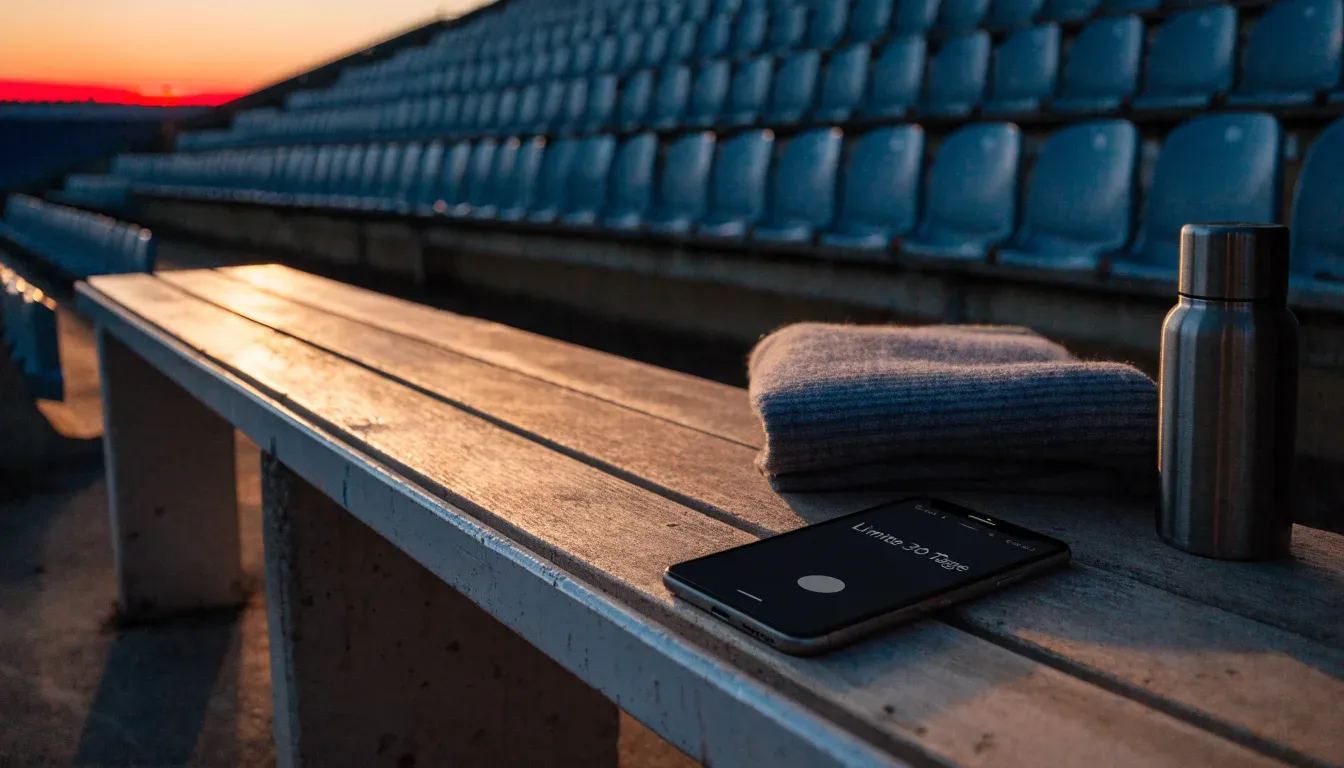 Eine Thermoskanne und eine zusammengelegte Wolldecke stehen auf einer leeren Stadionbank, die Sonne geht hinter den Rängen unter.