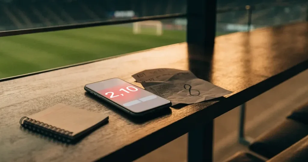 Ein leerer Ledersessel steht in einer Stadionloge mit Blick auf das Spielfeld im Abendlicht.
