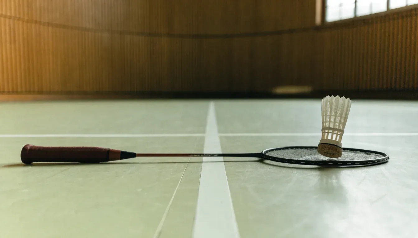 Ein Badmintonschläger liegt neben einem Federball auf dem hellen Hallenboden eines leeren Spielfelds.