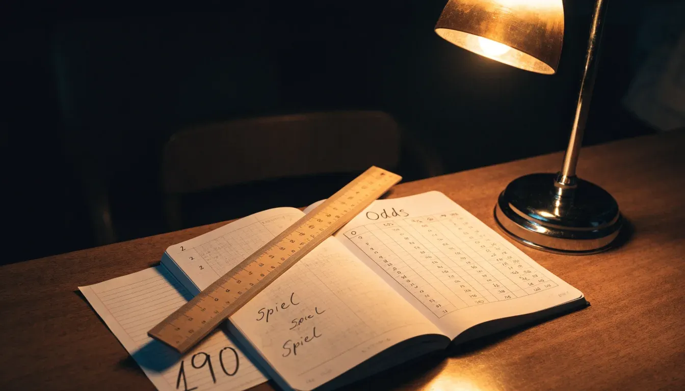 Eine Schreibtischlampe beleuchtet ein kariertes Heft mit handschriftlichen Skizzen, daneben liegt ein Lineal aus Holz.