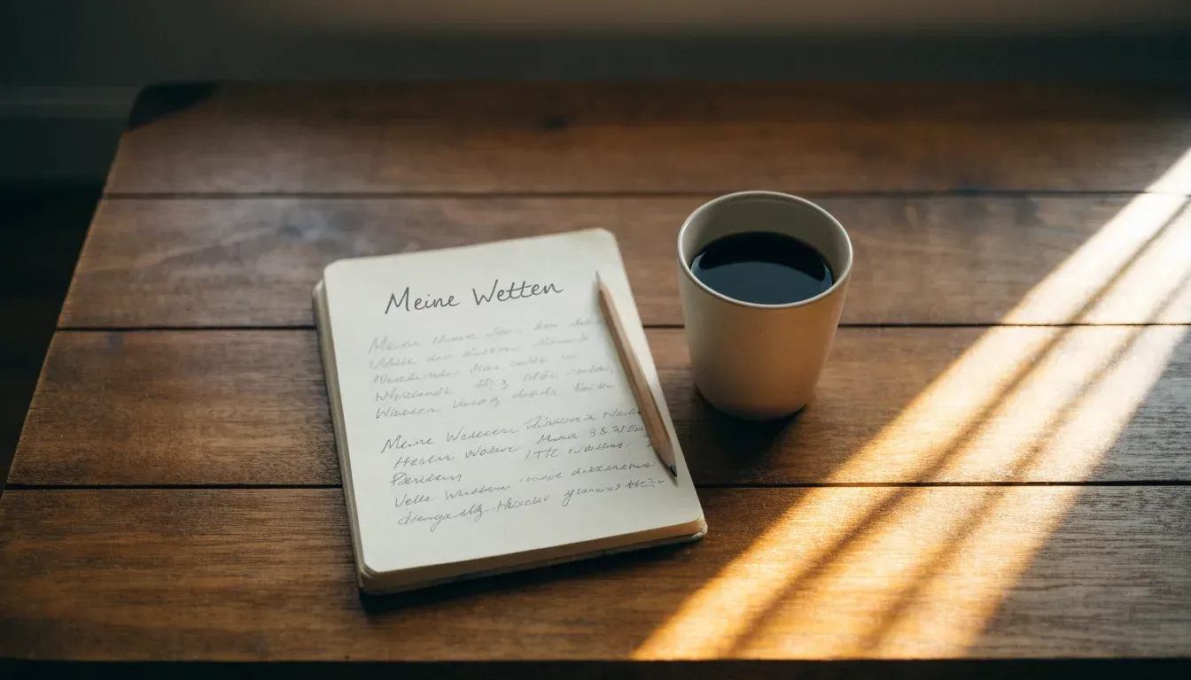 Eine Tasse Kaffee und ein Bleistift liegen auf einem sonnenbeschienenen Küchentisch neben einem leeren Notizblock.