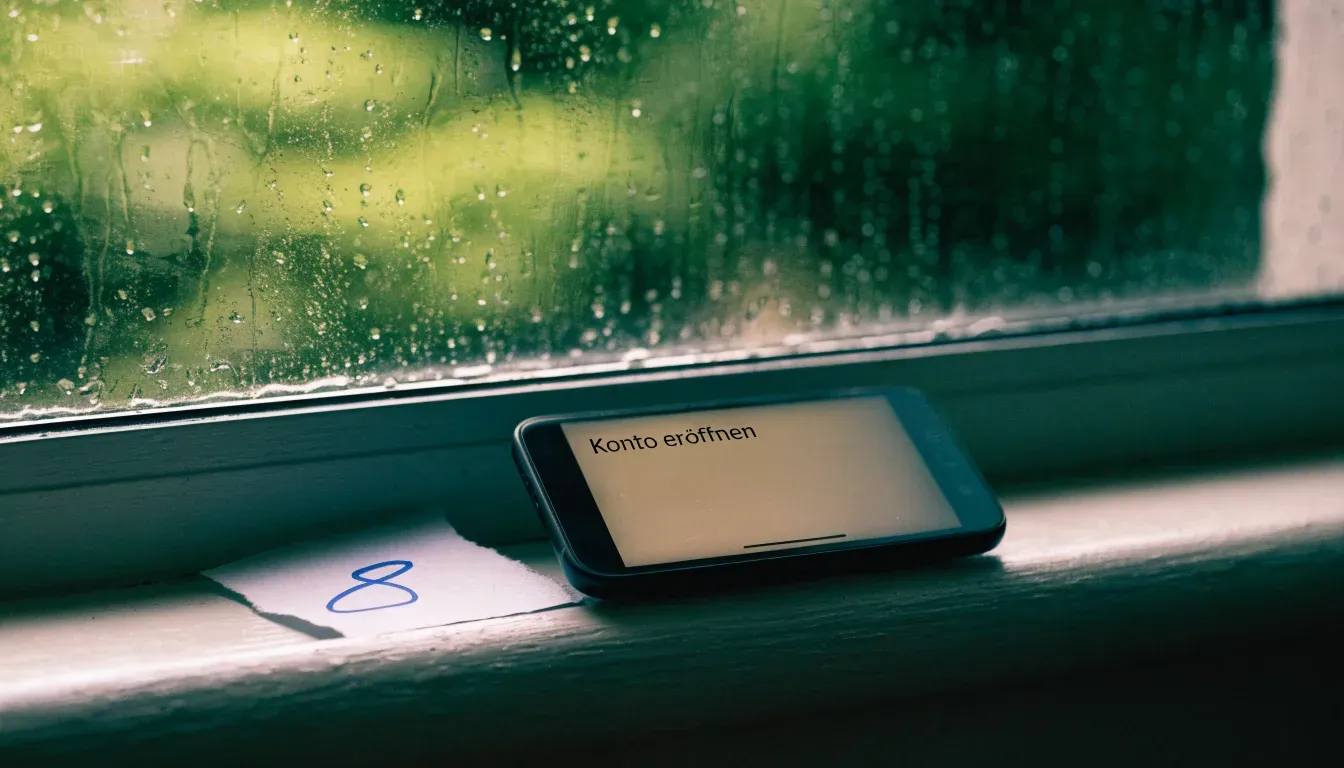 Ein Zeichenblock mit einem Bleistift und einem Radiergummi liegt auf einem Fensterbrett, draussen fällt Regen.
