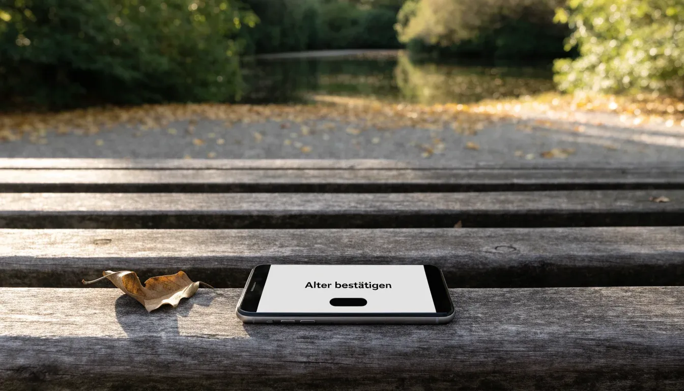 Eine Parkbank unter einer Kastanie, Herbstlaub bedeckt den Kiesweg, im Hintergrund ein stiller Teich.