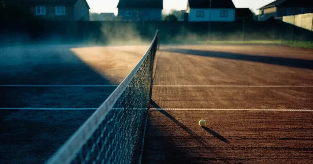 Ein Tennisplatz bei Sonnenaufgang mit gespanntem Netz und feuchtem Sandbelag, niemand steht auf dem Platz.