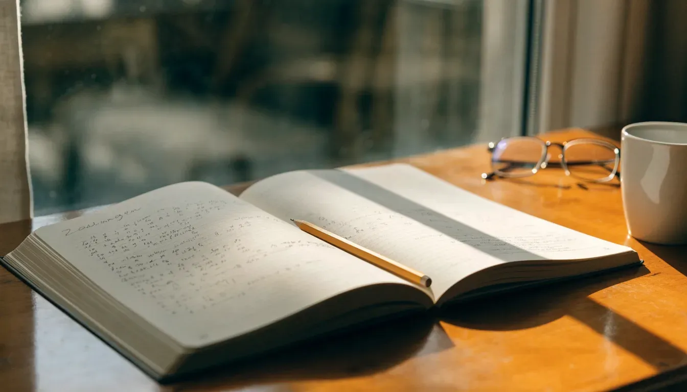 Ein aufgeschlagenes Notizbuch mit handschriftlichen Spalten und ein Bleistift liegen auf einem Holztisch neben einem Fenster.