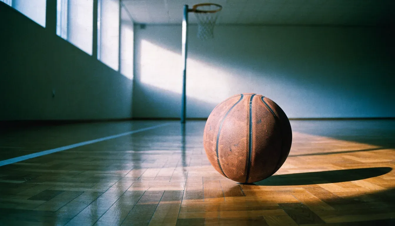 Ein Basketball ruht auf dem Parkett einer leeren Sporthalle, durch hohe Fenster fällt Tageslicht.