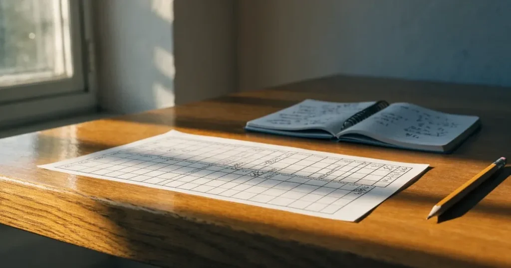 Eine Lupe liegt auf einem karierten Blatt neben einem Bleistift, das Licht fällt schräg durch ein Fenster.