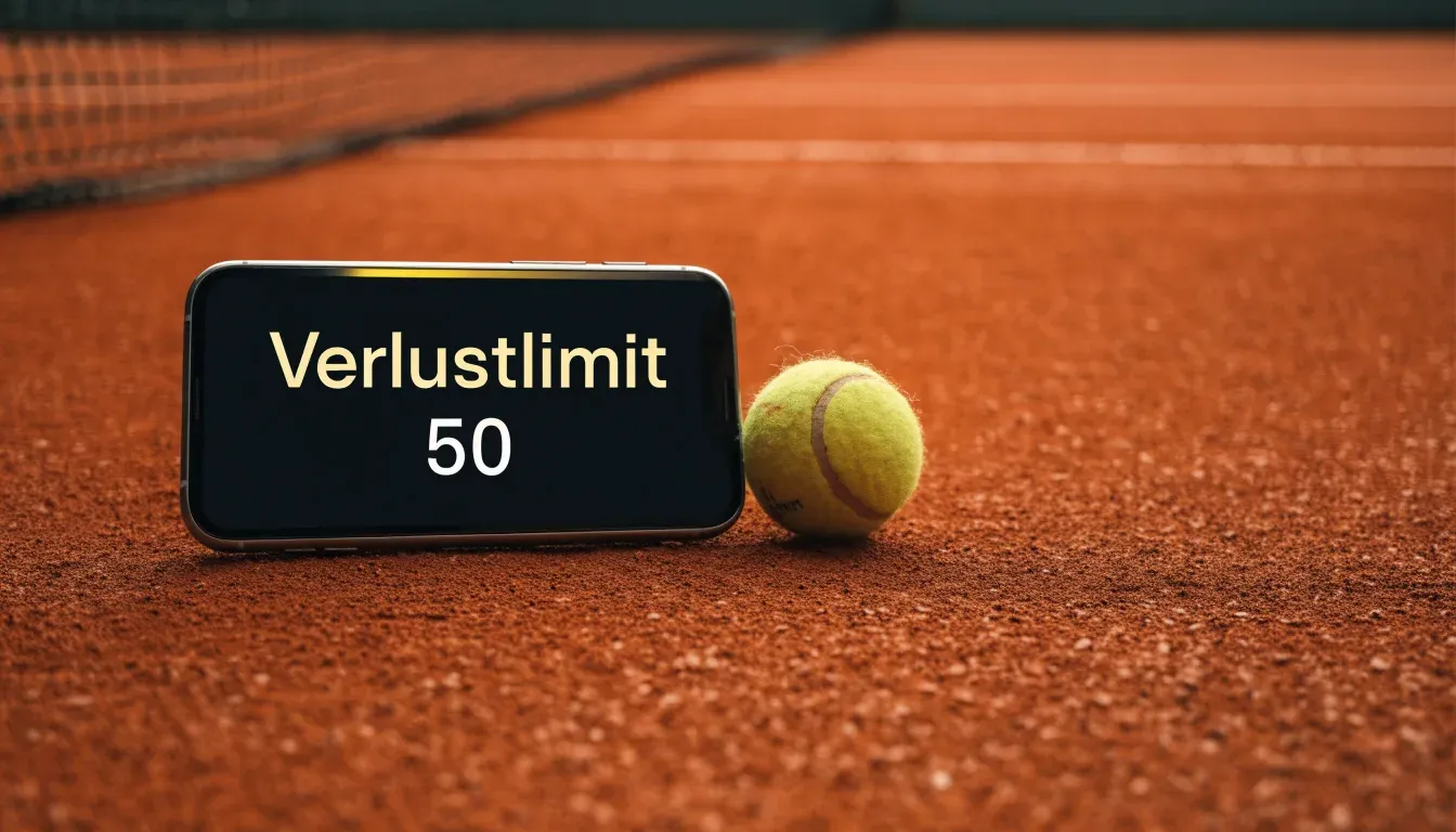 Ein Tennisball liegt auf rotem Sand neben einer verblassten Linie, das Licht ist weich.